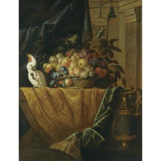 Jan Pauwel Gillemans The Younger - A Still Life With A Basket Of Fruit And A Parakeet Upon A Ledge Draped With A Damask Beside An Ormolu Mounted Porphyry Vase