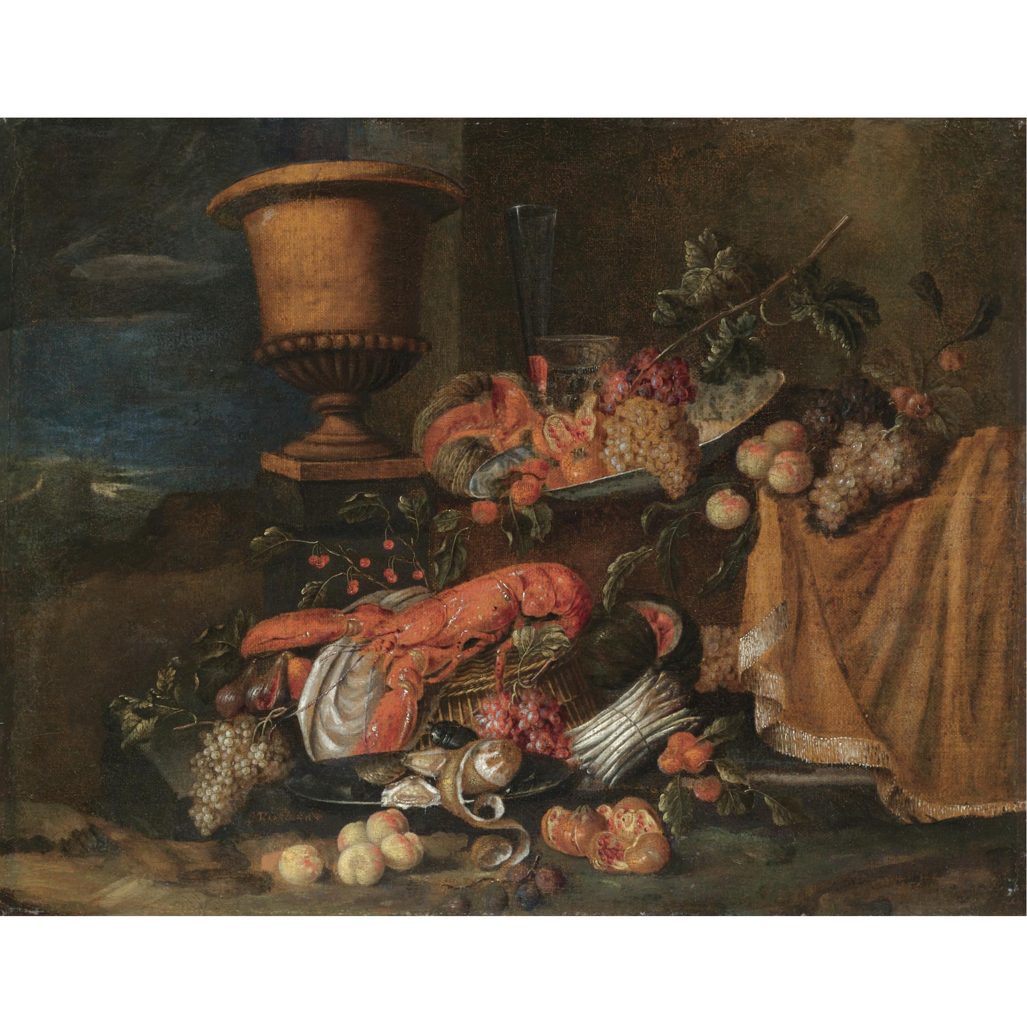 Jan Pauwel Gillemans the Younger - A Still Life With A Lobster Together With Grapes, Melons, Figs Pommegranates And Various Other Fruits, Together With An Urn And Various Bowls In A Landscape