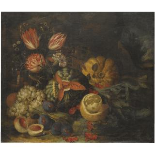 Jan Pauwel Gillemans the Younger - A Still Life With Tulips, Carnations, Grapes, Melons, Peaches, Cherries And A Partly Peeled Lemon