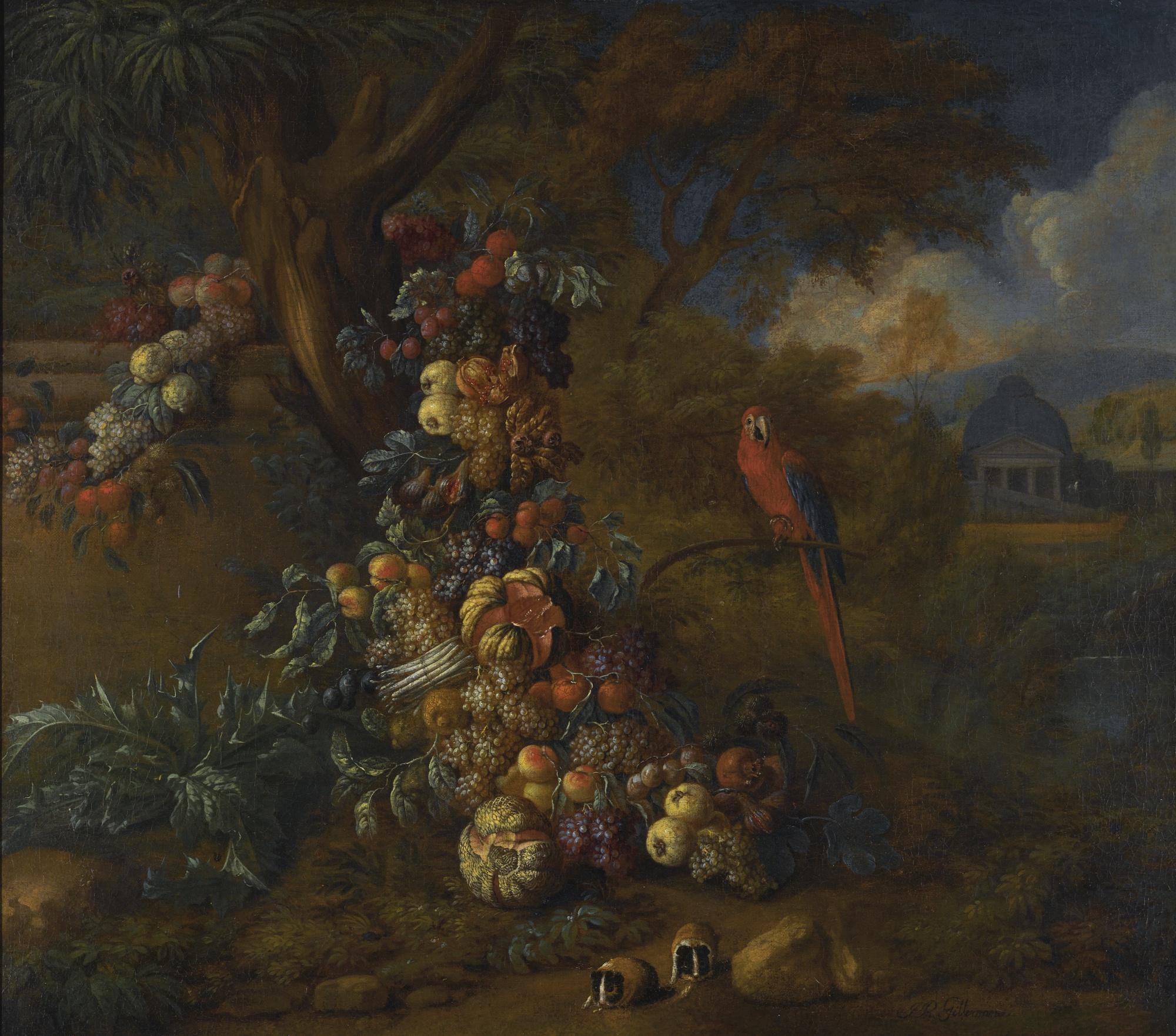 Jan Pauwel Gillemans the Younger - Still Life Of Fruit And Vegetables In A Park Landscape, With A Macaw And Two Guinea Pigs
