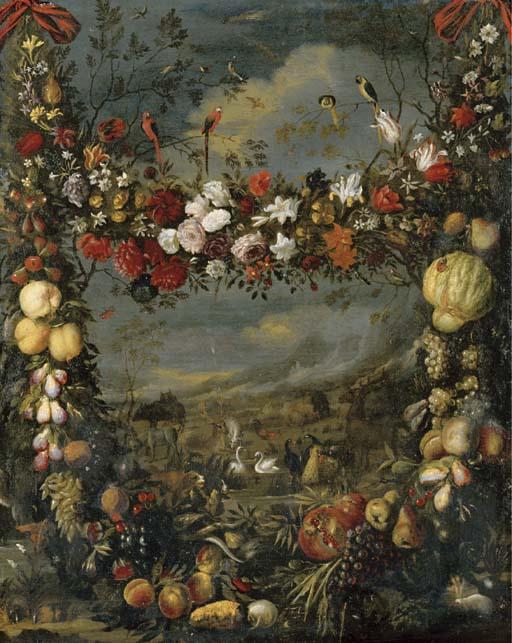 Jan Pauwel Gillemans - Animals in a landscape surrounded by a garland of flowers