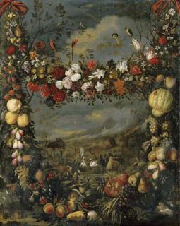Jan Pauwel Gillemans - Animals in a landscape surrounded by a garland of flowers