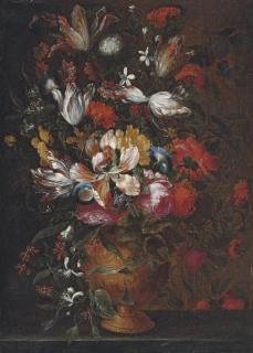Jan Peeter Brueghel - Roses, Tulips, Irises And Other Flowers In A Bronze Urn On A Stone Ledge
