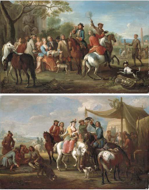 Jan Peeter Verdussen - An elegant hunting party by a sutler\'s booth, a landscape beyond; and An elegant hunting party at rest in a park landscape