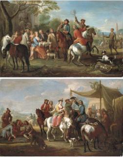 Jan Peeter Verdussen - An elegant hunting party by a sutler\'s booth, a landscape beyond; and An elegant hunting party at rest in a park landscape