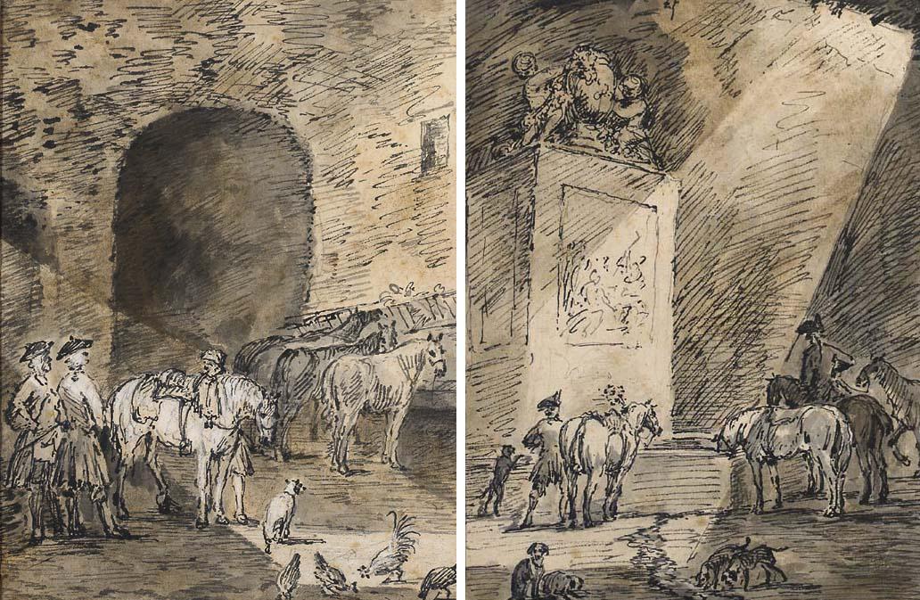 Jan Peeter Verdussen - Personnages et chevaux dans une écurie; et Chevaux buvant à une fontaine