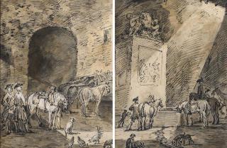 Jan Peeter Verdussen - Personnages et chevaux dans une écurie; et Chevaux buvant à une fontaine