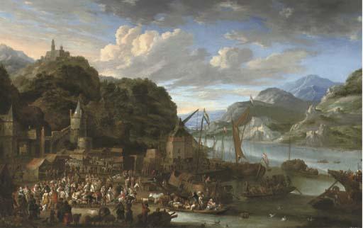 Jan Peeters I - A Mountainous River Landscape With A Harbour Town, A Market Scene In The Foreground, A Castle On Top of A Hill Beyond