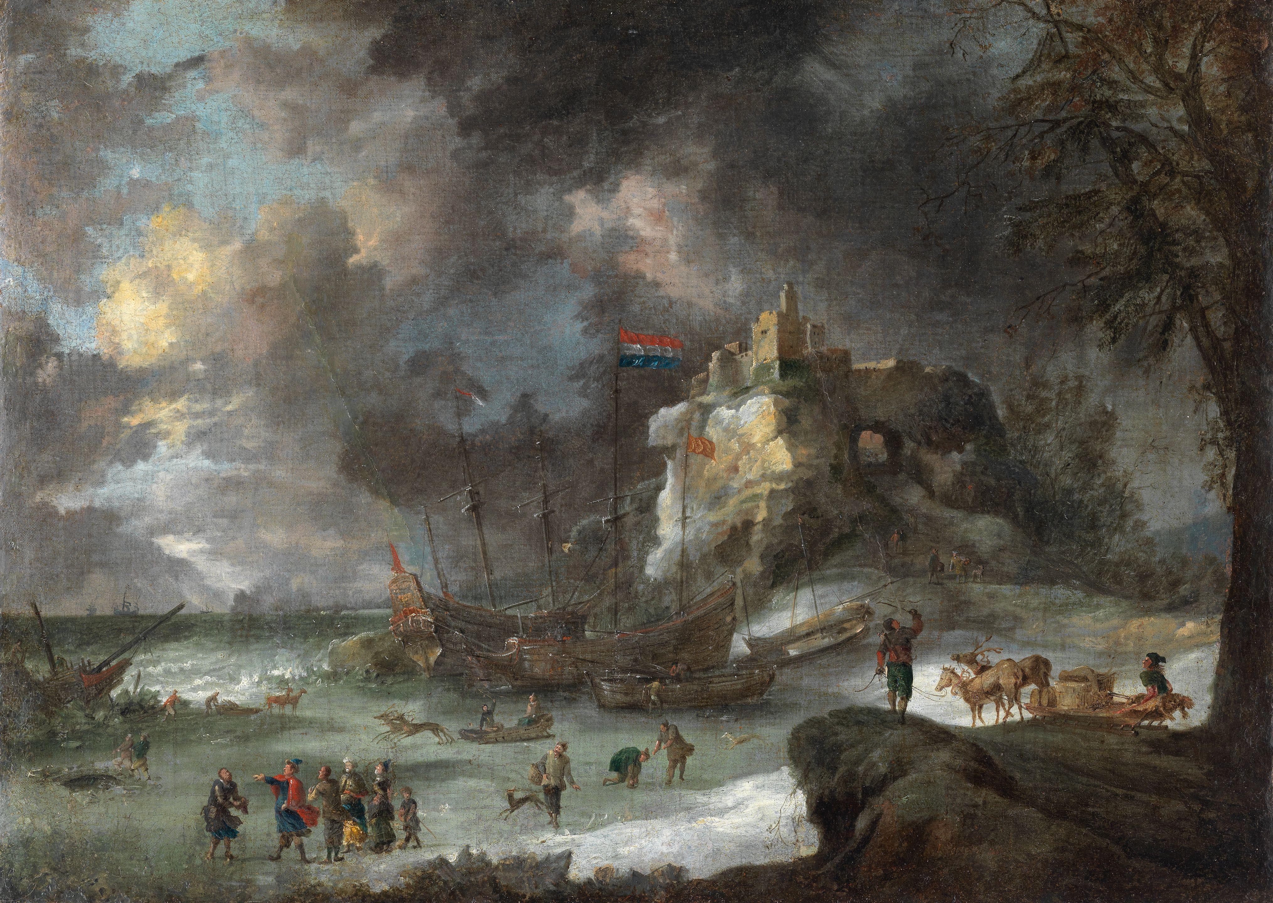Jan Peeters - A winter coastal landscape with figures on sledges