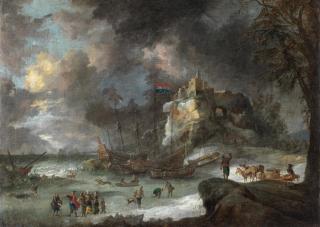 Jan Peeters - A winter coastal landscape with figures on sledges