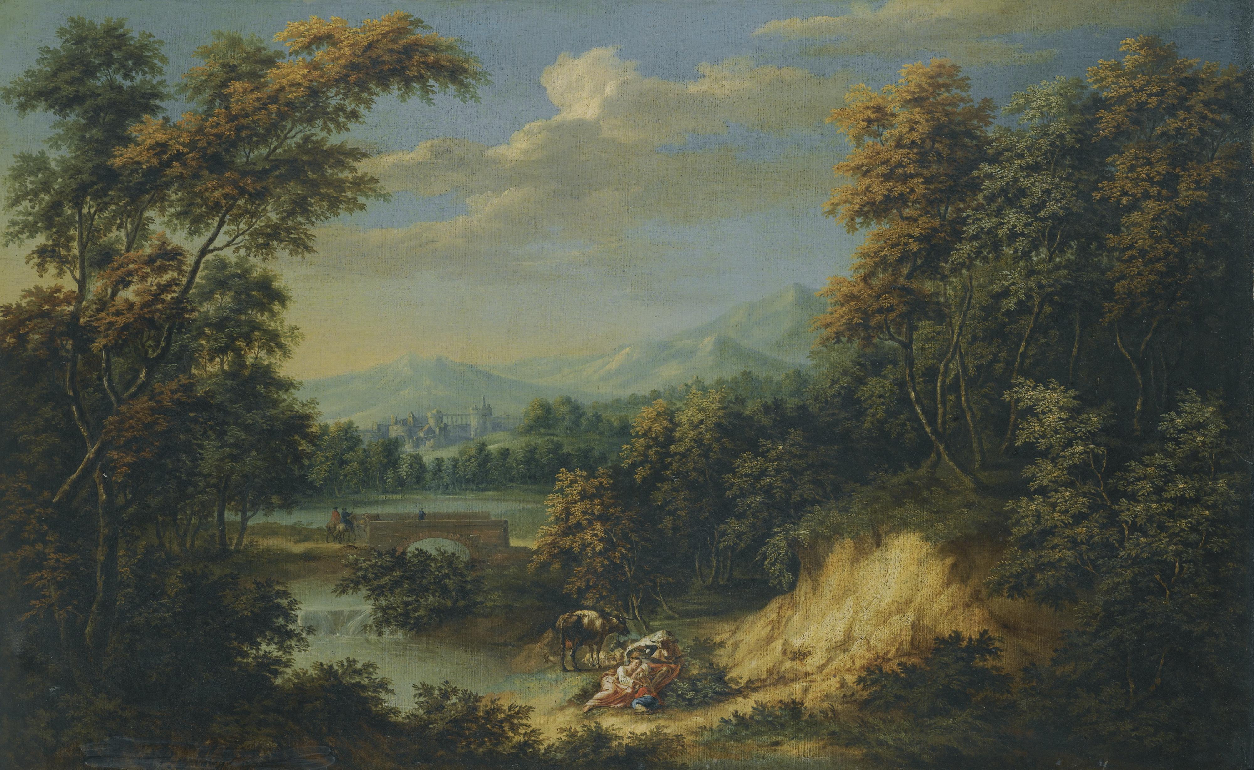 Jan Philip Spalthof - An Extensive Wooded River Landscape With Figures Resting In The Foreground, Travellers Approaching A Walled City Beyond