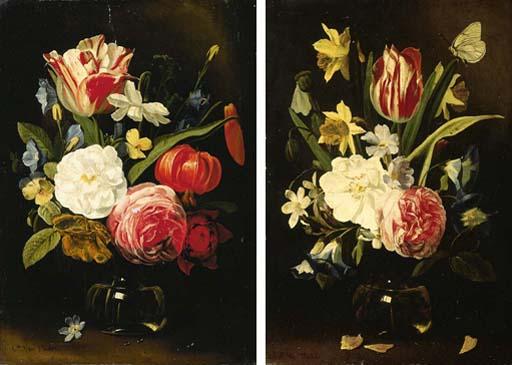 Jan Philips van Thielen - A parrot tulip, a rose, daffodils, morning glory and other flowers in a glass vase, with a butterfly; and A parrot tulip, a rose, a daffodil, morning glory and other flowers in a glass vase