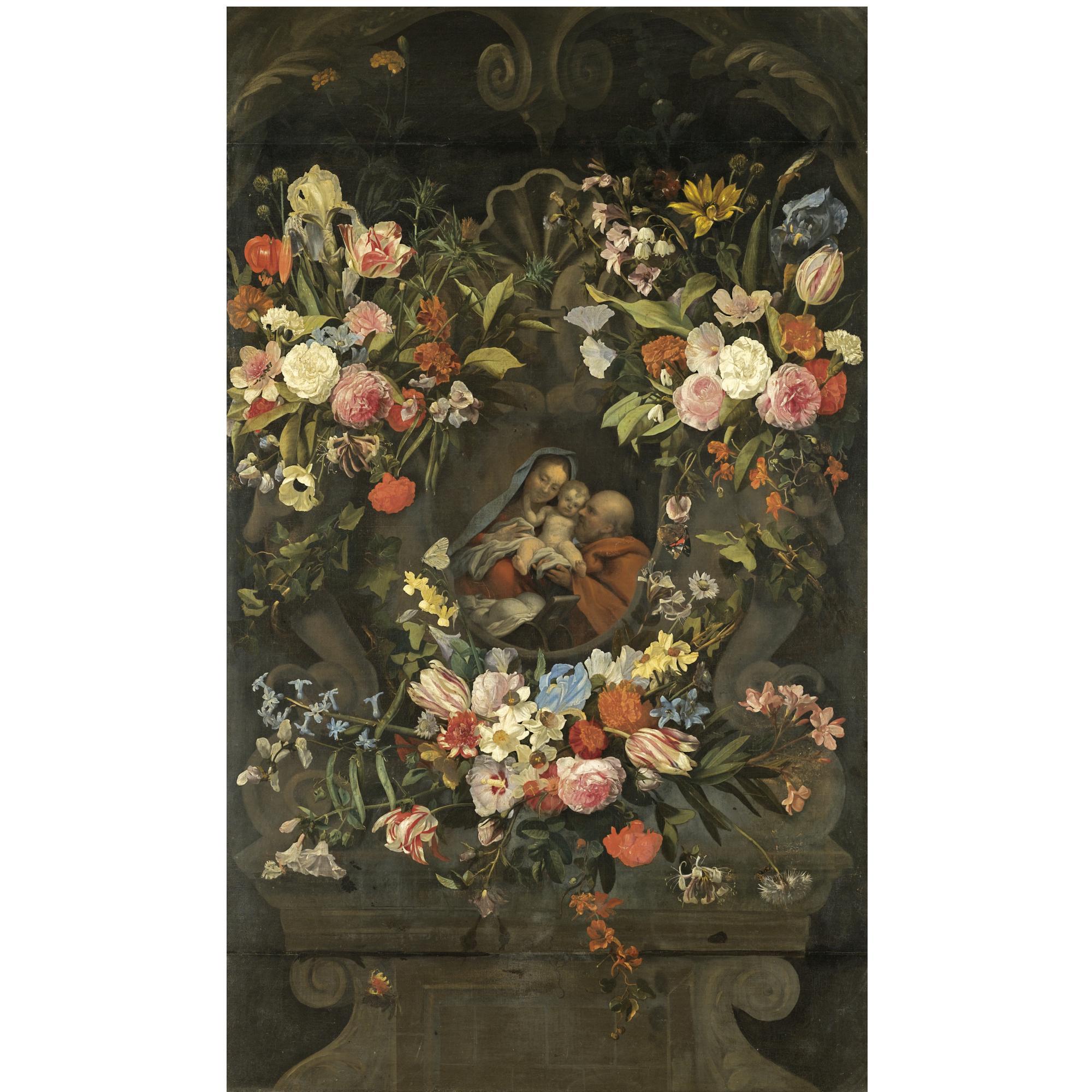 Jan Philips van Thielen - Festoons Of Flowers Decorating A Stone Niche Inset With The Holy Family
