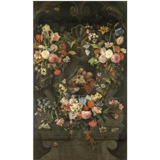 Jan Philips van Thielen - Festoons Of Flowers Decorating A Stone Niche Inset With The Holy Family