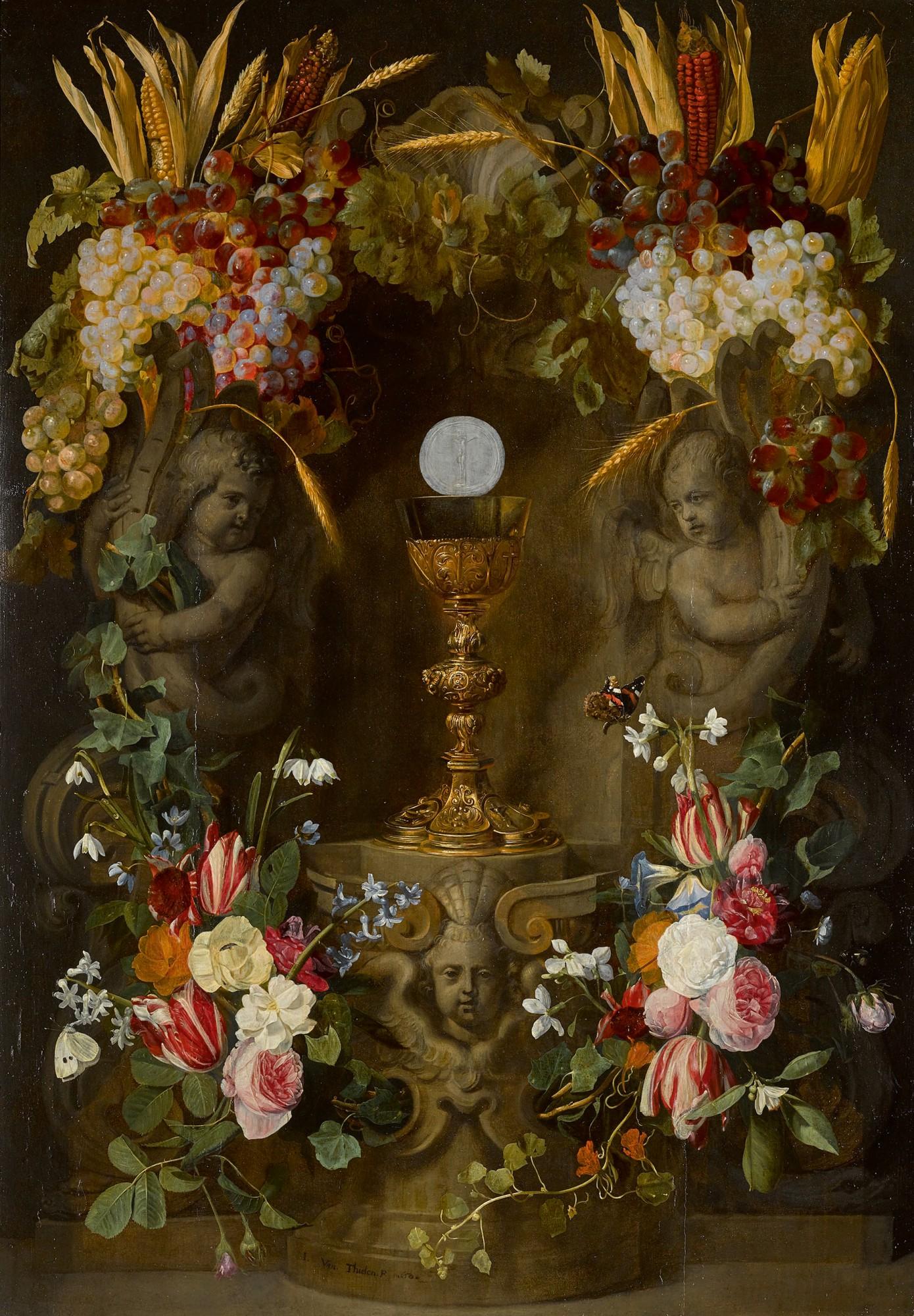 Jan Philips Van Thielen - Garlands Of Roses, Tulips, Narcissi, Snowdrops, Hyacinths And Convolvuli, With Grapes, Ears Of Corn And Heads Of Maize, Surrounding The Host In A Sculpted Niche