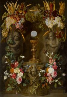 Jan Philips Van Thielen - Garlands Of Roses, Tulips, Narcissi, Snowdrops, Hyacinths And Convolvuli, With Grapes, Ears Of Corn And Heads Of Maize, Surrounding The Host In A Sculpted Niche
