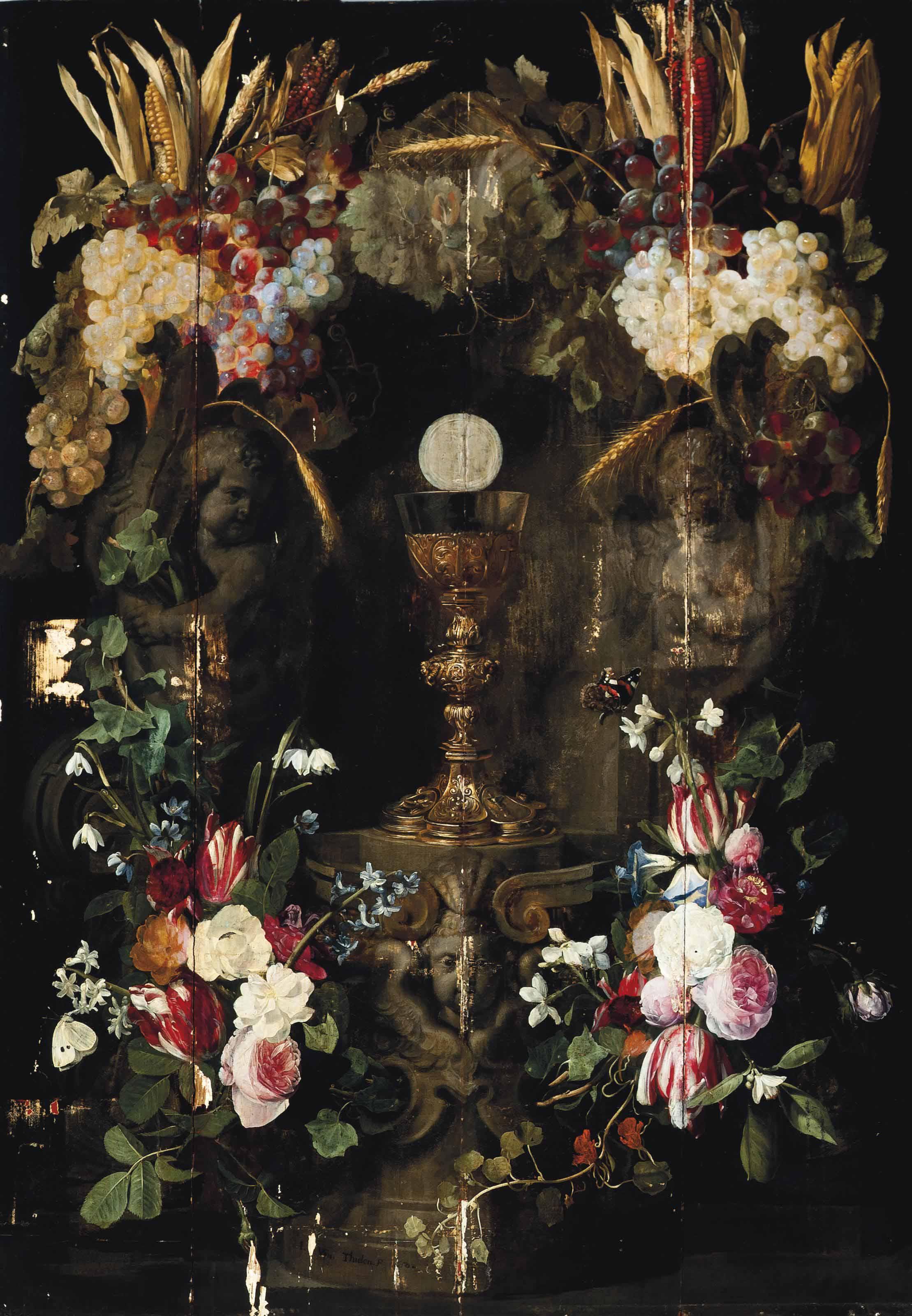 Jan Philips Van Thielen - Garlands Of Roses, Tulips, Narcissi, Snowdrops, Hyacinths And Convolvulus, With Grapes, Ears Of Corn And Heads Of Maize Above, Surrounding The Host In An Architectural Niche