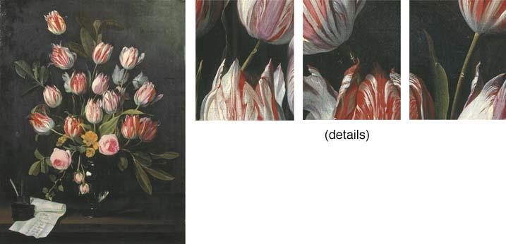 Jan Philips Van Thielen - Tulips, yellow roses and dog roses in a glass vase on a stone ledge, with a leather pen case and a paper identifying the tulips