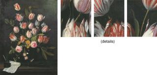 Jan Philips Van Thielen - Tulips, yellow roses and dog roses in a glass vase on a stone ledge, with a leather pen case and a paper identifying the tulips