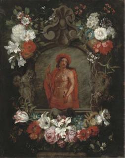 Jan Pieter Brueghel - A Personification of America In A Cartouche, Surrounded By A Garland of Flowers
