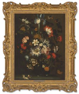 Jan Pieter Brueghel - An iris, carnations, roses and other flowers in a glass vase on a ledge with butterflies