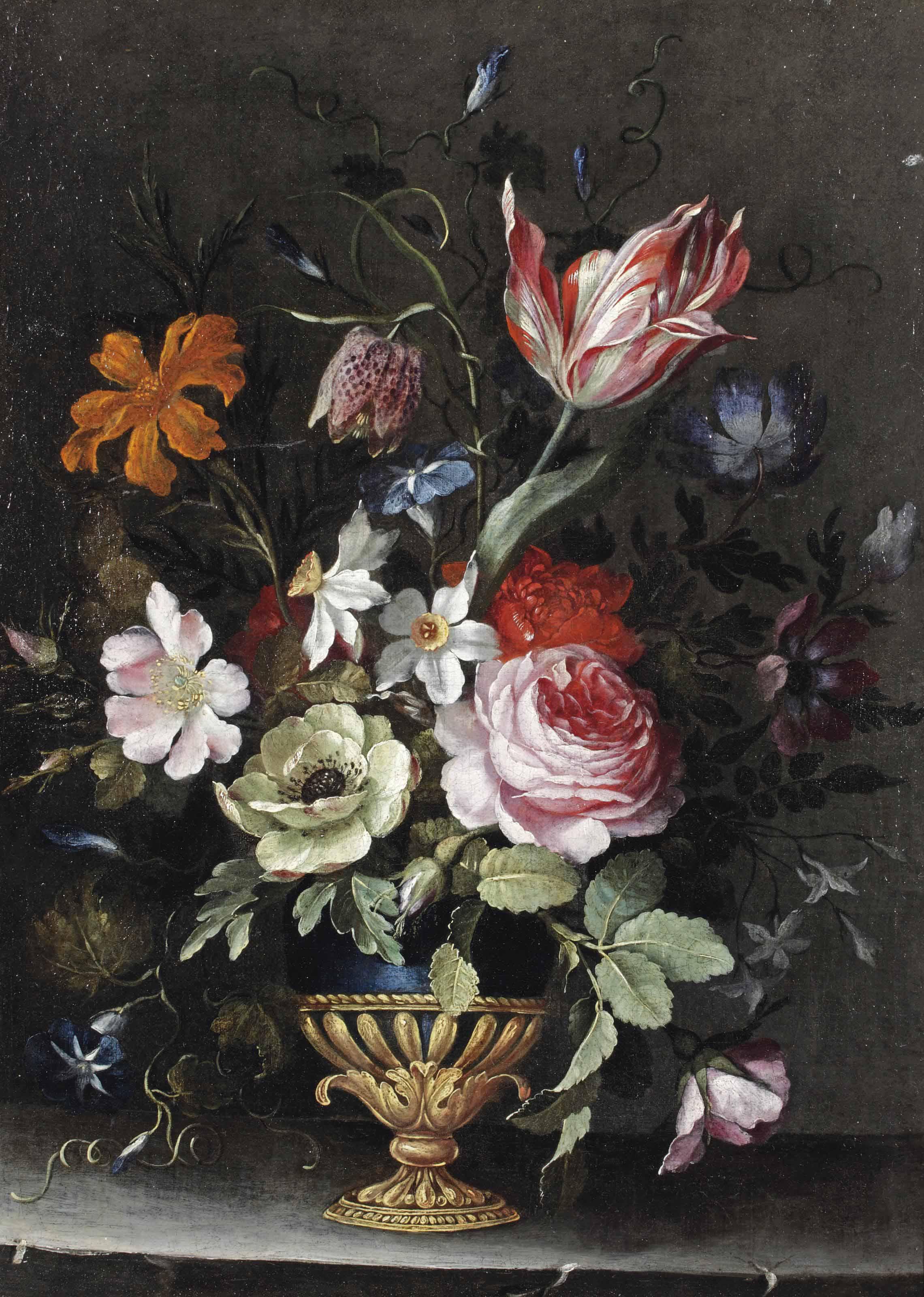 Jan Pieter Brueghel - Roses, Peonies, A Tulip, Daffodils, Morning Glory And Other Flowers In A Blue Lacquer And Gilt Vase On A Stone Ledge