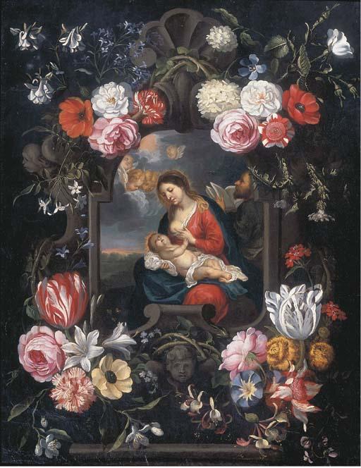 Jan Pieter Brueghel - The Virgin And Child In A Carved Stone Cartouche Surrounded By Flowers