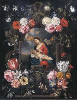 Jan Pieter Brueghel - The Virgin And Child In A Carved Stone Cartouche Surrounded By Flowers