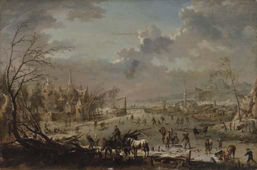 Jan Pieter Van Bredael I - A winter landscape with villagers skating on a frozen river and wood-gatherers with a horse and wagon in the foreground, a castle beyond