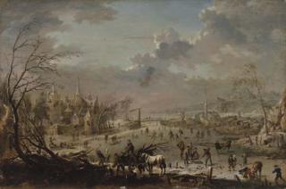 Jan Pieter Van Bredael I - A winter landscape with villagers skating on a frozen river and wood-gatherers with a horse and wagon in the foreground, a castle beyond