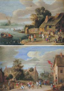 Jan-Pieter van Bredael - A river landscape with peasants merrymaking beside a cottage; and A village landscape with peasants merrymaking outside an inn