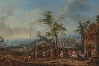 Jan-Pieter Van Bredael - A village festival with figures dancing and playing games, a wedding ceremony beyond