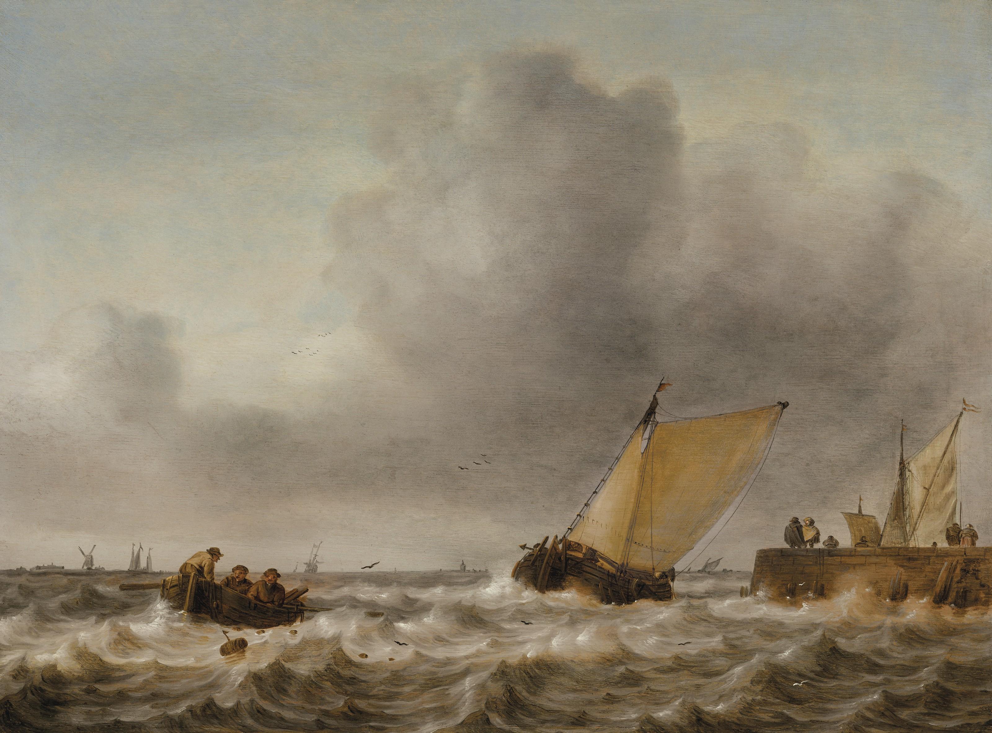 Jan Porcellis - A damlooper and rowboat in a choppy sea by a jetty