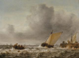 Jan Porcellis - A damlooper and rowboat in a choppy sea by a jetty