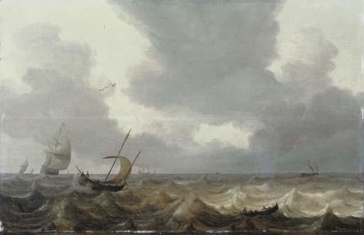 Jan Porcellis - A fishing boat and a rowing boat in choppy waters, a Dutch three-master in the distance