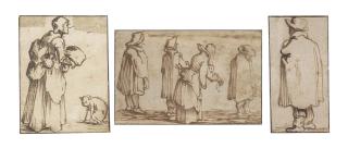 Jan Porcellis - Five sheets of figure studies, two with individual figures, one with a couple, one with a woman and a cat, and one with a group of four figures, all seen in profile or from behind