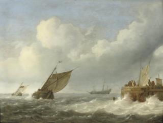 Jan Porcellis - Sailing vessels in choppy waters with figures on a quay nearby