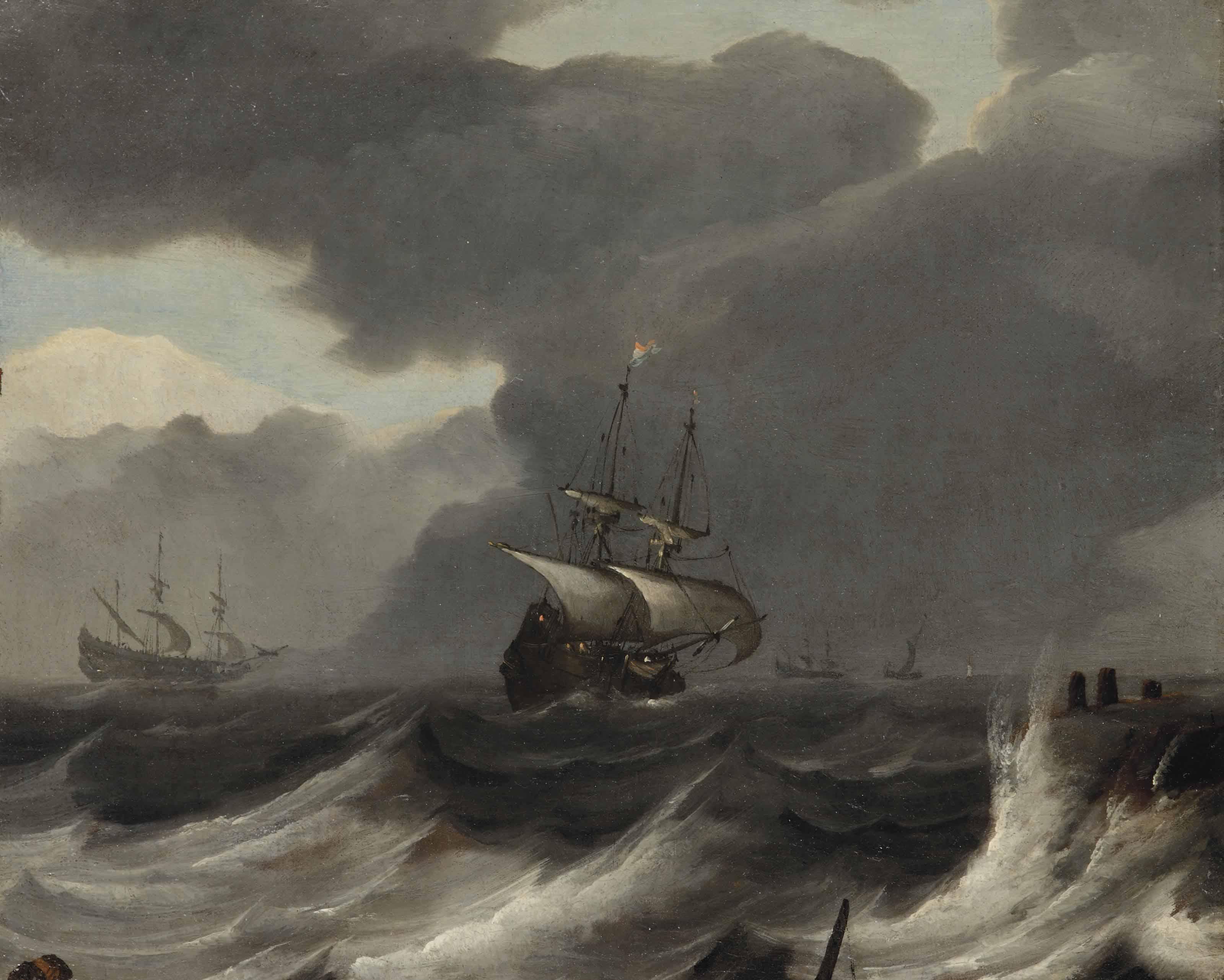 Jan Porcellis - Shipping Off The Coast In A Gale