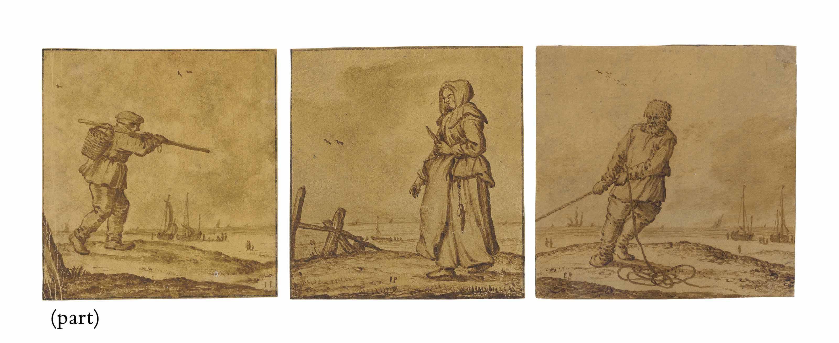 Jan Porcellis - Studies Of Fishermen And A Fisherwoman Toiling On The Shore, With Fishing Vessels In The Distance