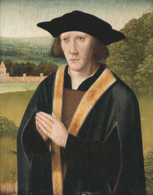Jan Provost - Portrait of a donor, half-length, in a fur trimmed robe, in a landscape