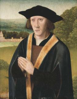 Jan Provost - Portrait of a donor, half-length, in a fur trimmed robe, in a landscape