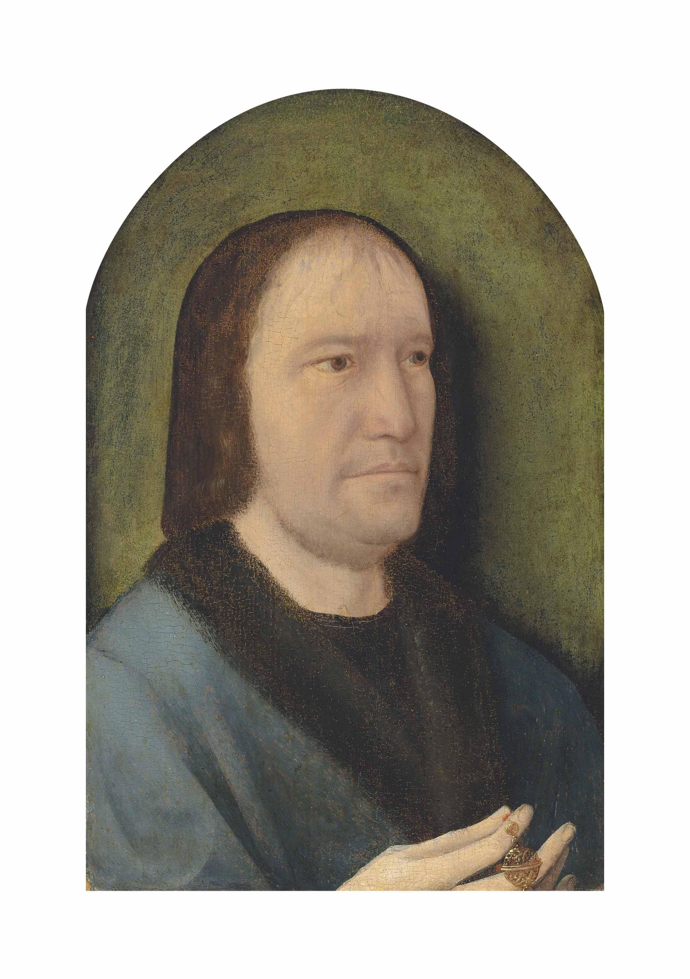 Jan Provost - Portrait of a gentleman, half-length, in a blue fur-lined coat, a rosary with a pomander in his right hand