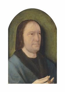 Jan Provost - Portrait of a gentleman, half-length, in a blue fur-lined coat, a rosary with a pomander in his right hand
