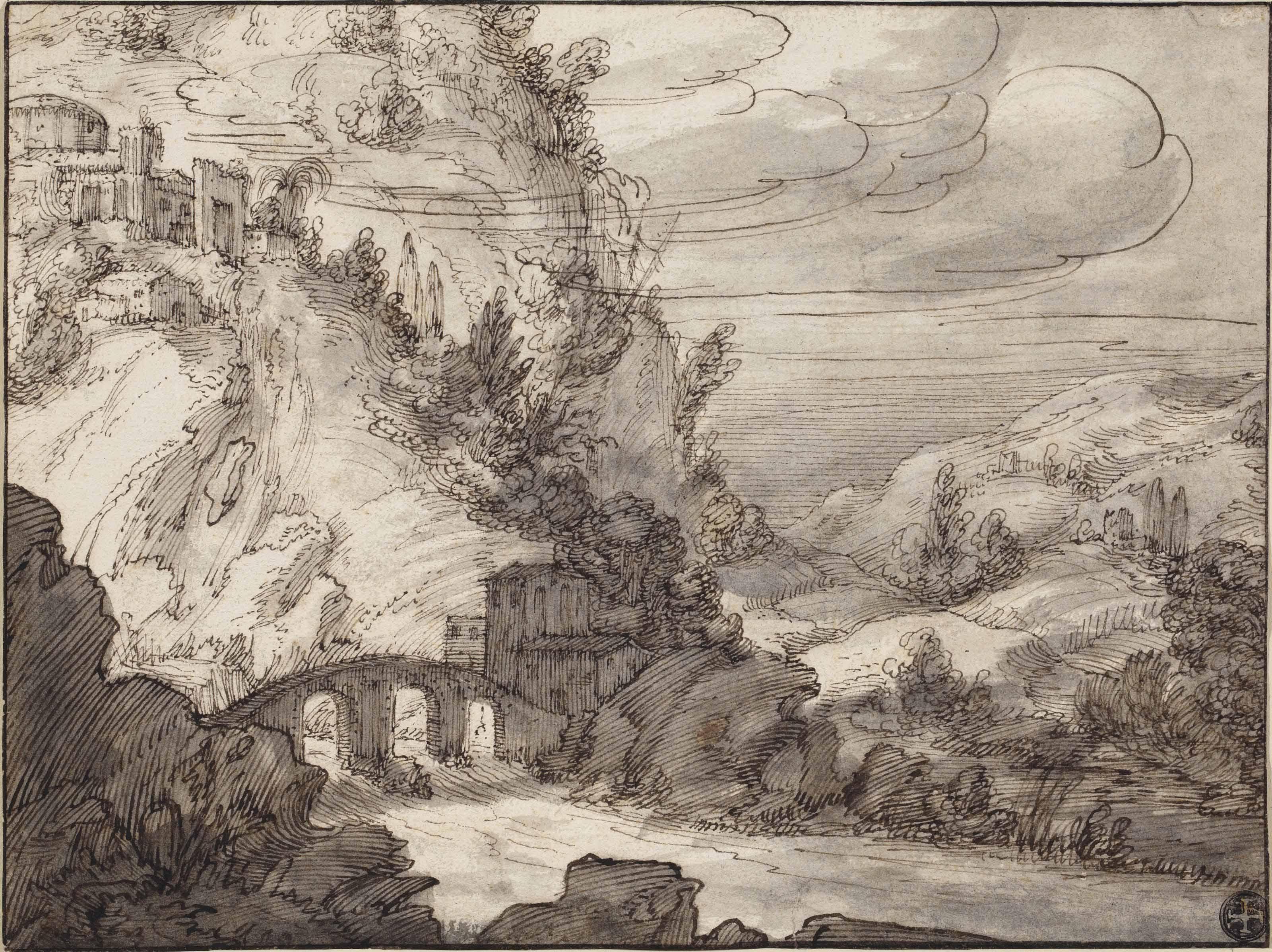 Jan Pynas - A mountainous landscape with an arched bridge over a river