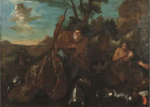 Jan Roos - Due pirati, uno vestito alla moda orientale, si spartiscono broccati, corazze e supellettili preziose in un paesaggio classico