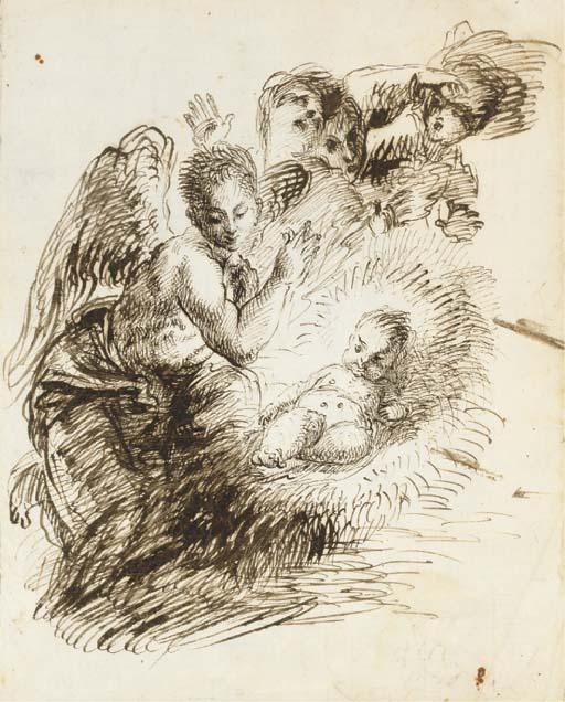 Jan Roos - L\'Enfant Jésus dans sa crèche, entouré d\'anges