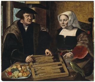 Jan Sanders Van Hemessen - Double Portrait Of A Husband And Wife, Half-Length, Seated At A Table, Playing Tables