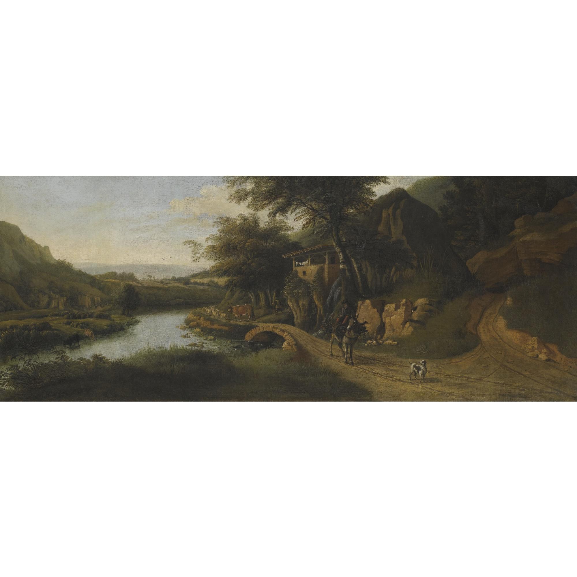 Jan Siberechts - A Bosky River Landscape With A Drover On A Donkey Along A Path, Cattle Watering To The Left