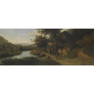 Jan Siberechts - A Bosky River Landscape With A Drover On A Donkey Along A Path, Cattle Watering To The Left