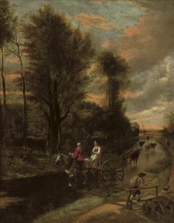 Jan Siberechts - A horse-drawn cart with two women travelling down a flooded road at the edge of a wood